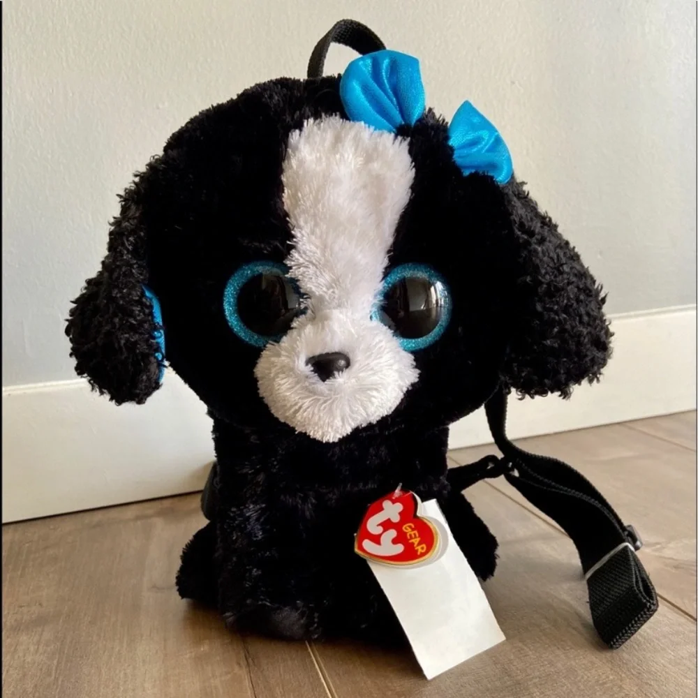 Ty Tracey Black & White Poodle with Blue Bow Backpack